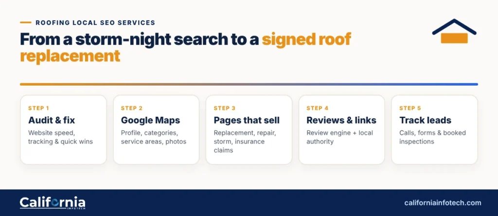 Roofing local SEO services process: from storm search to signed roof replacement